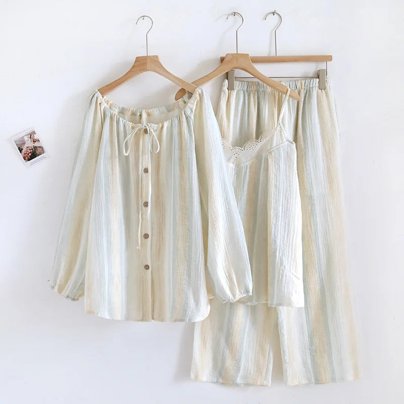 New Spring Autumn Women's Pajama Set Cotton Crepe Printed Long Sleeve Pants Three Piece Lace Sweet Home Suit