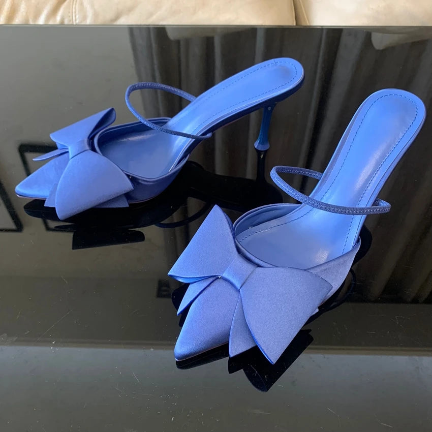Fashion Bow knot High Heels Sandals Women 2025 Summer Slingback Pumps Vintage Satin Pointed Toe Heeled Elegant Party Lady Shoes