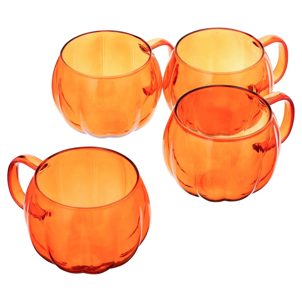 Pumpkin Shape Borosilicate Glass Mug Set 4 Pack Stylish Drinkware Handle Durable Vertical Stripes Perfect Cold Drinks