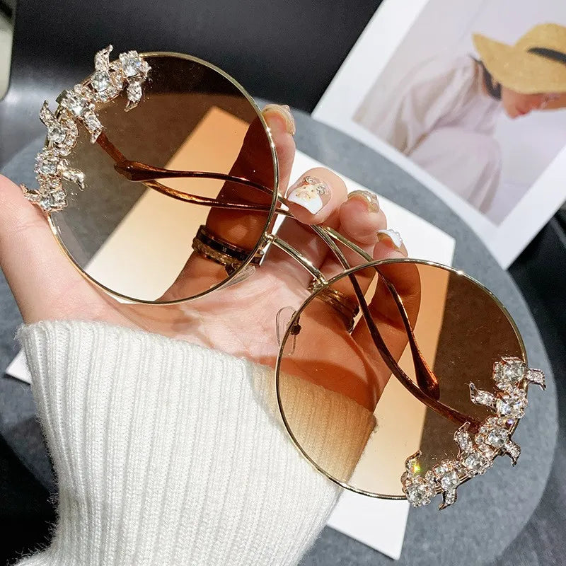 New Style Frameless Cut-edge Diamond Sunglasses With Wave Design, Temple Glasses, Fashionable Round Rhinestone Sunglasses