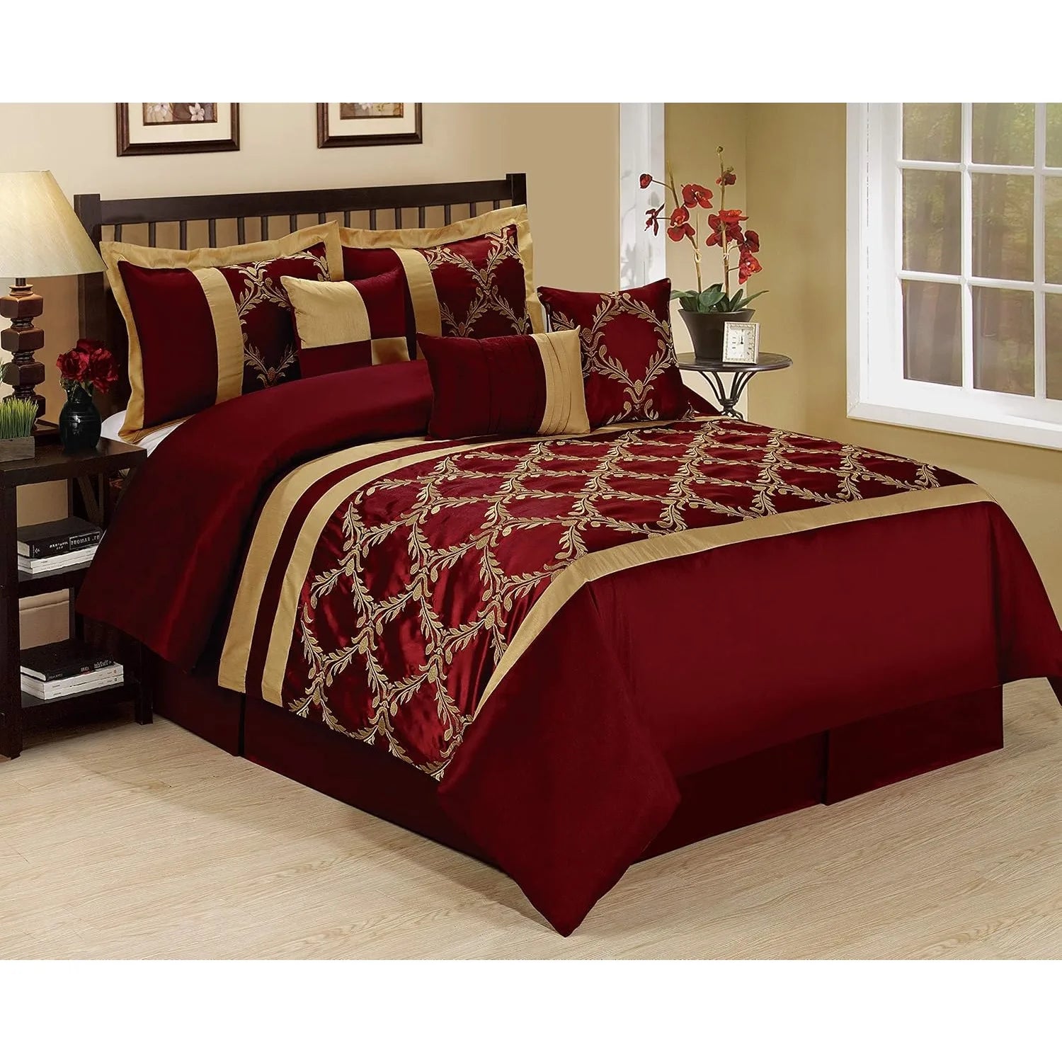 7 Piece Comforter Set King - Burgundy and Gold Faux Silk Fabric Embroidered - Claremont Bed in A Bag - Breathable and Wrinkle