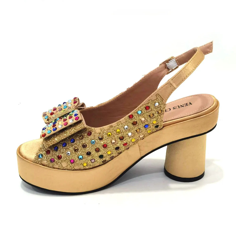 2024 Gold Party Shoe and Bag for Wedding Italy Style Matching Shoes and Purse Set for Bride Bridal High Heels Sandals Bag