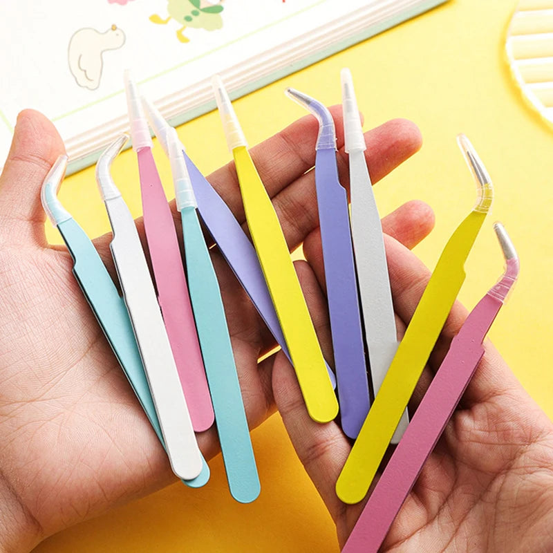 Stainless Steel Straight Curved Tweezers Colorful Pink Blue Purple DIY Eyelash Tweezer Nail Art Sticker Rhinestones Picking Tool