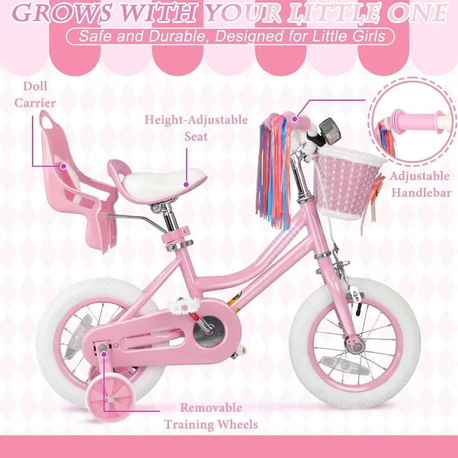 Toddler Girls Bike for Age 2-12 Years Old 12 14 16 20 Inch Girls Bike with Training Wheels and Doll Seat Bicycle with Basket Ad
